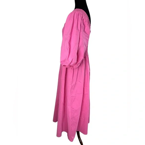 Eloquii Vibrant Barbie Pink Smocked Asymmetric Neck Maxi Dress - Picture 11 of 16